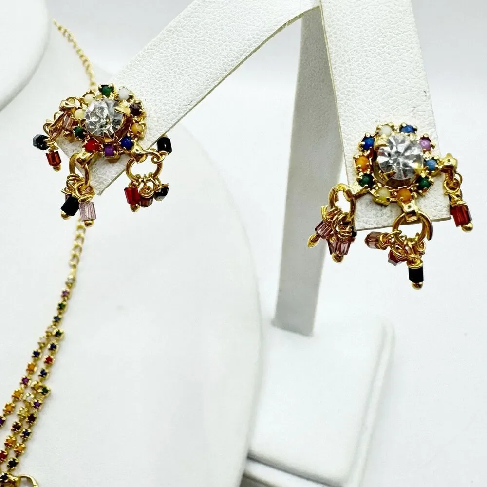 Colorful Bead And Rhinestone Gold Plated Bollywood Indian Necklace And Earrings